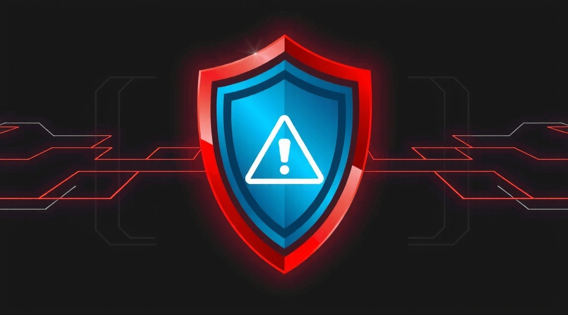 Ilustración de un escudo de protección digital con una señal de advertencia, simbolizando la exclusión de garantías y responsabilidades