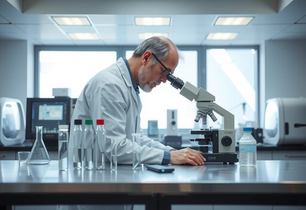 Científico examinando muestras en un laboratorio con microscopio y tubos de ensayo