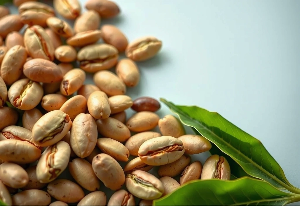 Primer plano de granos de café verde y hojas de té verde, simbolizando quema de grasa