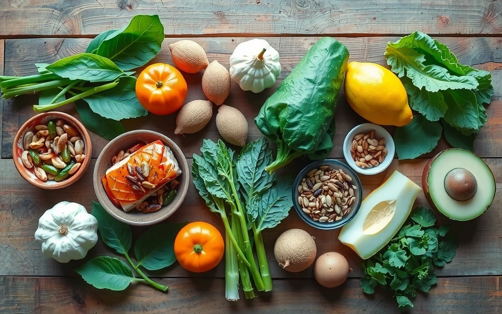 Mesa llena de alimentos frescos y saludables, ricos en minerales: verduras, frutas, frutos secos, pescado