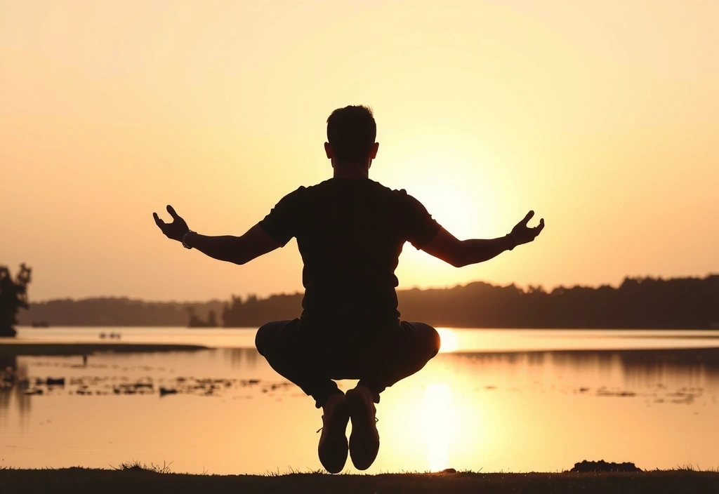 Persona meditando en un entorno natural tranquilo junto a un lago
