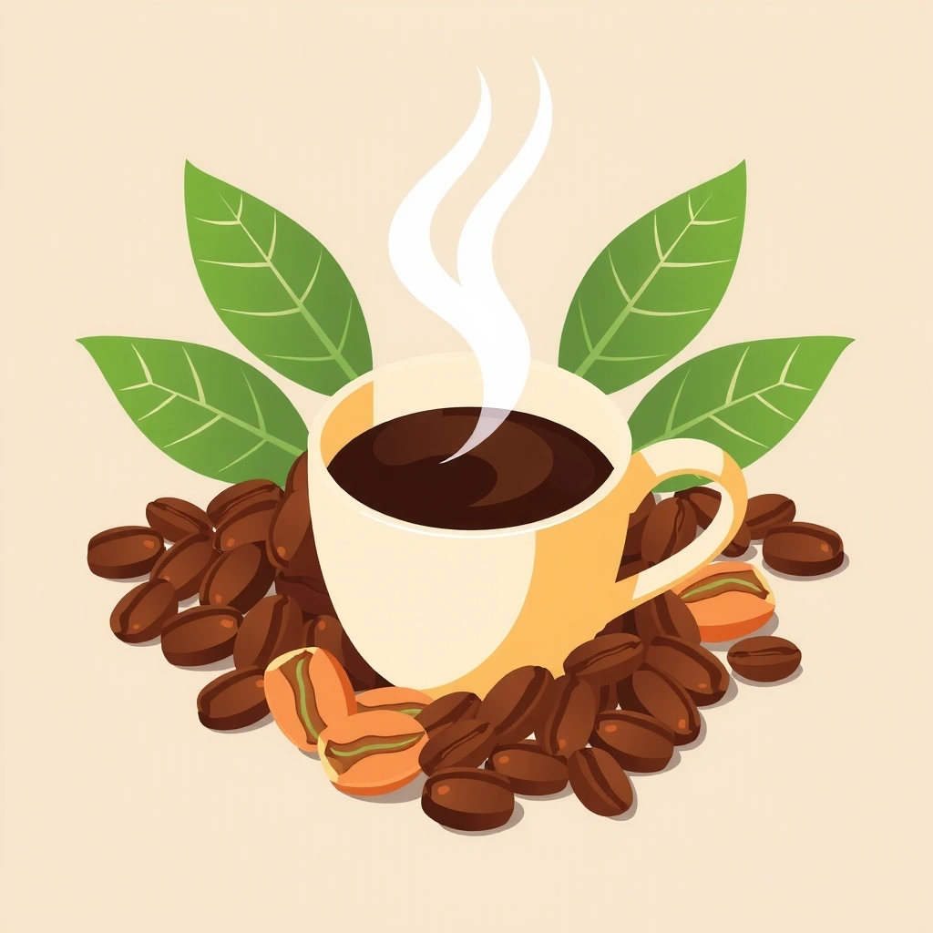 Taza de café con granos de café y hojas verdes, simbolizando un aumento de energía